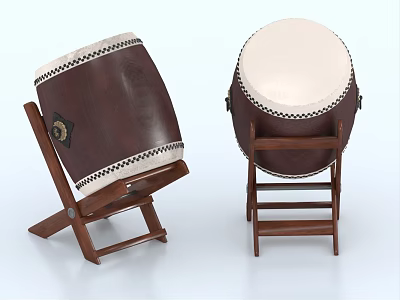 Artistic Wooden Musical Drums with Decorative Details on Brown Stands and White Heads 3d model