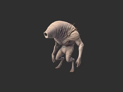 Bandaged Humanoid Creature 3D Model With Bulbous Head Crouching Pose And Long Arms 3d model