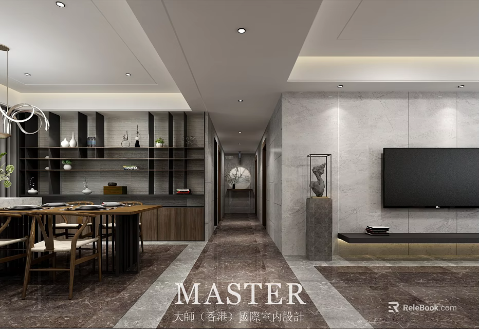 Modern Integrated Living And Dining Interior Design With Marble Finishes And Custom Display Cabinets 3d model 