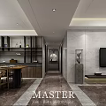 Modern Integrated Living And Dining Interior Design With Marble Finishes And Custom Display Cabinets