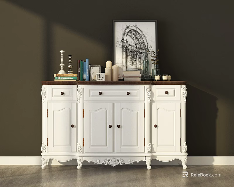 Elegant White Shoe Cabinet Interior With Decorative Items And Framed Artwork 3d model