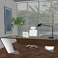 Modern Office Desk with Potted Plant Office Chair Desk Lamp and Large Windows with Blinds