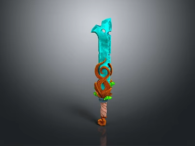 Turquoise Fantasy Sword with Wooden Hilt and Green Accent Details in Decorative Design 3d model