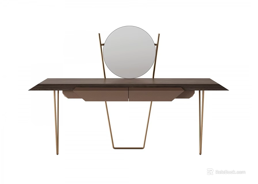 Modern Dressing Table Design With Round Mirror Metal Frame And Dark Wood Top 3d model 
