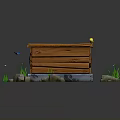 Wooden Box Shaped Architectural Structure 3D Model on Green Grass with Stones and Small Decorations