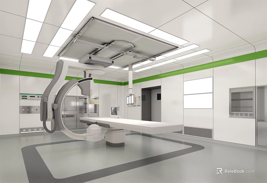 Modern Operating Room Interior Featuring Surgical Table Medical Equipment White Walls And Green Trim 3d model 