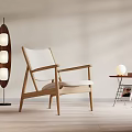 Modern Wooden Frame Leisure Chair with Light Fabric Seat and Floor Lamp in Minimalist Room