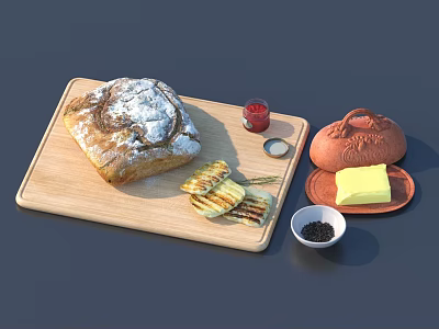 Fresh Baked Bread Loaf on Wooden Cutting Board with Toasted Slices Butter Jam Clay Pot 3d model