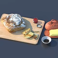 Fresh Baked Bread Loaf on Wooden Cutting Board with Toasted Slices Butter Jam Clay Pot