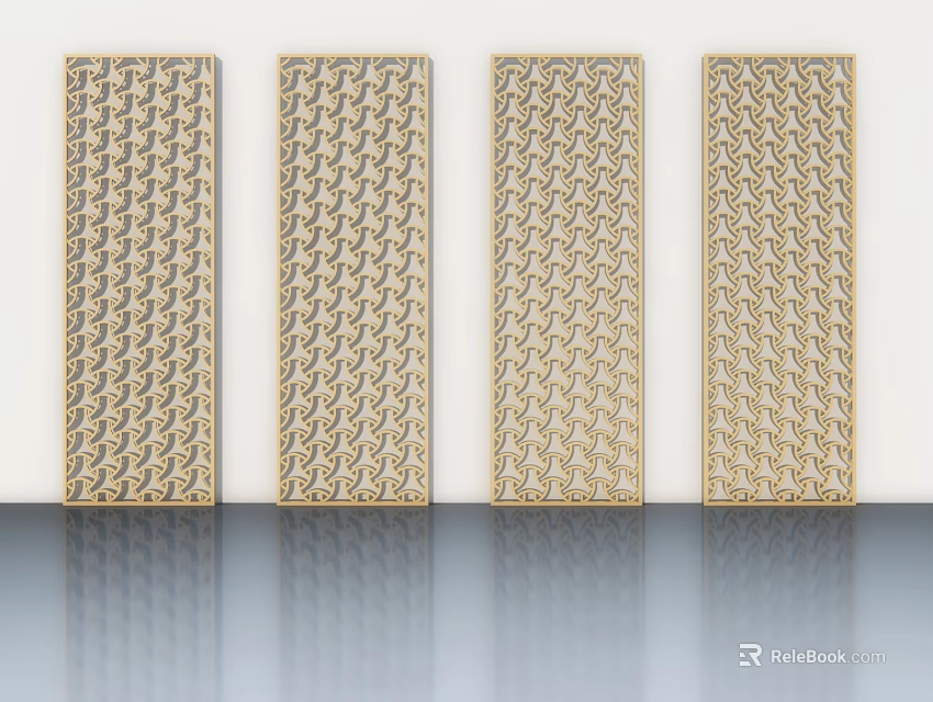 Modern Golden Patterned Hinged Doors with Vertical Panels and Reflective Surface 3d model