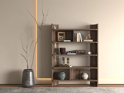 Wooden Display Shelf with Books Decorative Items and Vases beside Light Wall and Floor Vase 3d model