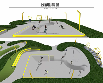 Park Skate Park Landscape With Skaters Riding Ramps And Green Surroundings 3d model