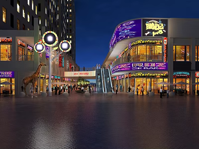 Vibrant Commercial Street Night Scene With Neon Signs Pedestrians Plaza And Decorative Lights 3d model