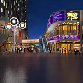 Vibrant Commercial Street Night Scene With Neon Signs Pedestrians Plaza And Decorative Lights