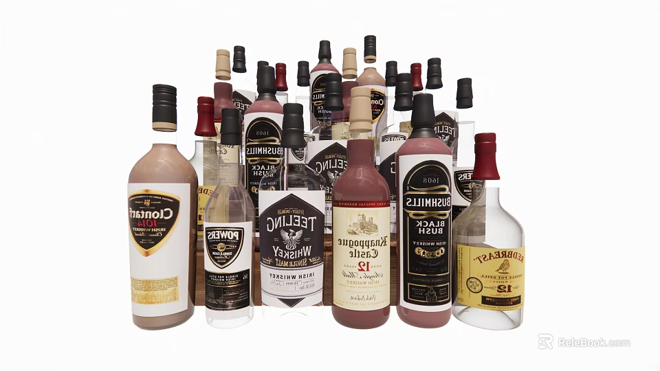 Collection of Various Alcohol Bottles and Wine Glasses with Different Brands 3d model 