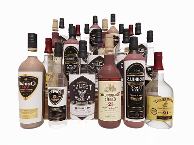 Collection of Various Alcohol Bottles and Wine Glasses with Different Brands 3d model