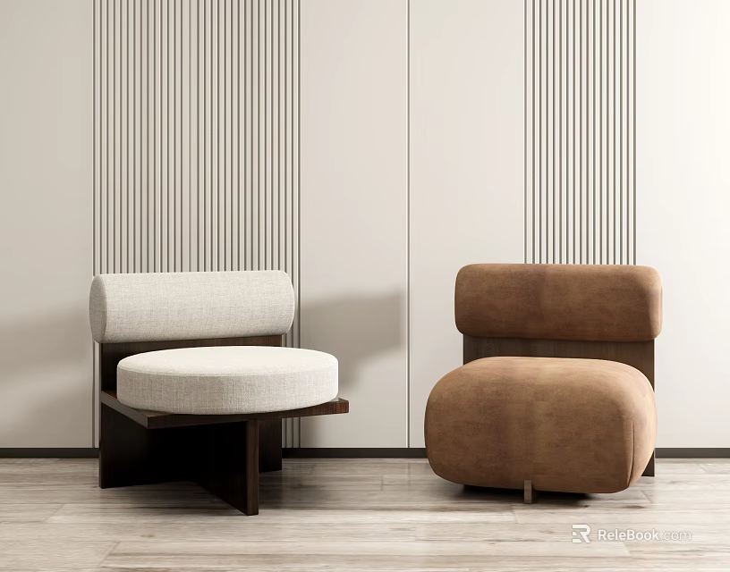 Elegant Single Sofa Beige Brown Fabric With Wooden Frame Striped Wall Wooden Floor 3d model 