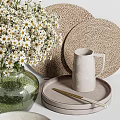 Natural Tones Tableware Set With Ceramic Bowls Plates Woven Mats And Green Glass Vases