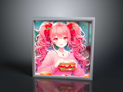 Square Decorative Frame Featuring Anime Girl With Pink Hair Pigtails Strawberry Burger And Fruit 3d model