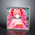Square Decorative Frame Featuring Anime Girl With Pink Hair Pigtails Strawberry Burger And Fruit