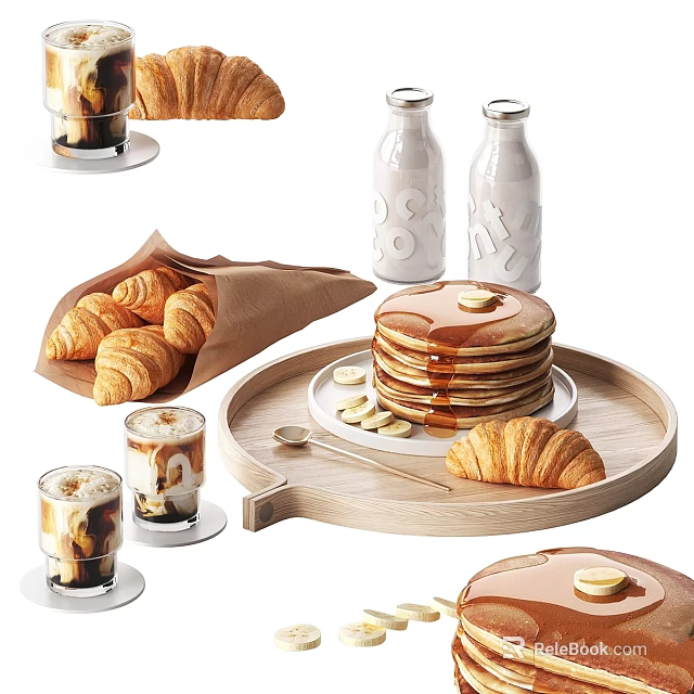 Fluffy Pancakes Fresh Croissants With Syrup Banana Slices Iced Coffee On Wooden Tray 3d model 