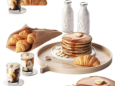 Fluffy Pancakes Fresh Croissants With Syrup Banana Slices Iced Coffee On Wooden Tray 3d model