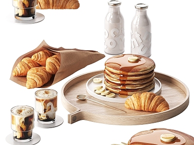 Modern Food Pancake Croissant Breakfast Coffee Tray 3d model