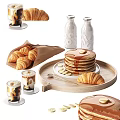 Fluffy Pancakes Fresh Croissants With Syrup Banana Slices Iced Coffee On Wooden Tray