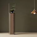 Wooden Flower Stand With Metal Frame Holding Green Plant And Hanging Lamp Against Light Brown Wall