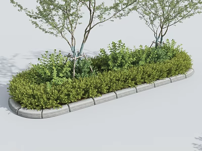 Lush Green Shrubs in Garden Bed with Small Trees and Stone Edging 3d model