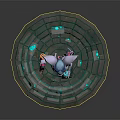 Cute Game and Movie Character With Pink Ears Blue Outfit Holding Device Glowing Circular Base