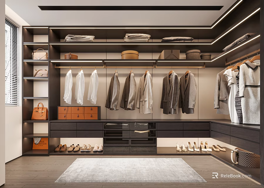 Modern Walk in Closet Interior With Clothes Shoes And Storage 3d model 