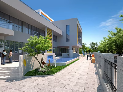 Modern School Building With Glass Facade Yellow Accent Landscaped Garden Fountain Stone Pathway And Trees 3d model