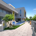Modern School Building With Glass Facade Yellow Accent Landscaped Garden Fountain Stone Pathway And Trees