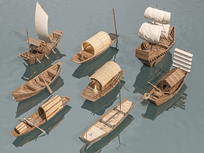 Various Traditional Wooden Boats with Sails and Canopies Floating on Water Surface 3d model