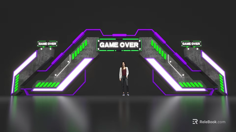 Game Over Themed Event Entrance with Purple Green Neon Lights and Green Side Stripes Design 3d model 