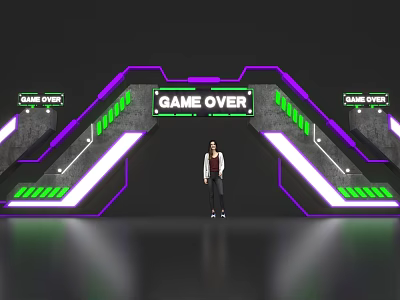 Game Over Themed Event Entrance with Purple Green Neon Lights and Green Side Stripes Design 3d model
