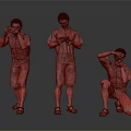 Men In Floral Shirts And Shorts Taking Photos With Cameras In Different Poses