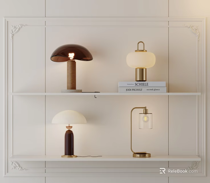 Modern Table Lamps with Diverse Designs and Materials on White Display Shelves 3d model 