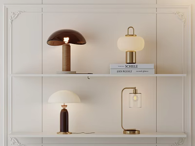 Modern Table Lamps with Diverse Designs and Materials on White Display Shelves 3d model