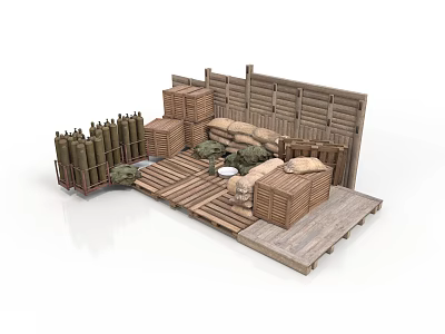Modern Outdoor Defense Scene With Wooden Fences Sandbags Crates And Wooden Planks Platform 3d model