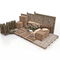 Modern Outdoor Defense Scene With Wooden Fences Sandbags Crates And Wooden Planks Platform