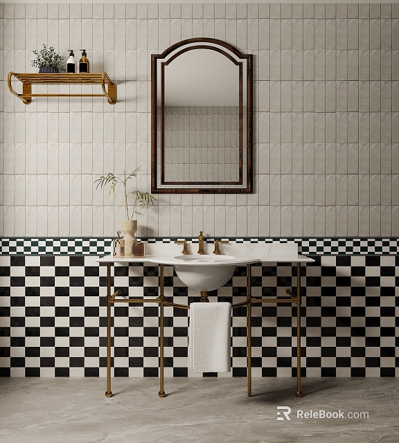 Stylish Bathroom Washbasin with Gold Faucet Black and White Checkered Tiles Mirror Shelf and Plant 3d model 