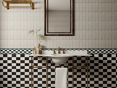 Stylish Bathroom Washbasin with Gold Faucet Black and White Checkered Tiles Mirror Shelf and Plant 3d model