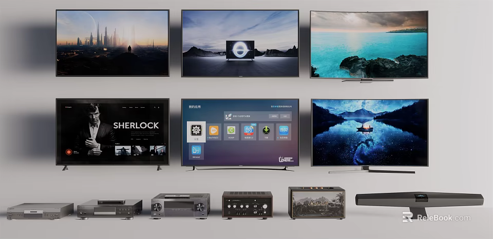 Modern Smart TVs Displaying Scenery Sherlock And Smart Interface With Sound Systems 3d model 