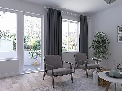 Bright Modern Living Room Interior With Large Windows Dark Curtains And Cozy Lounge Chairs 3d model