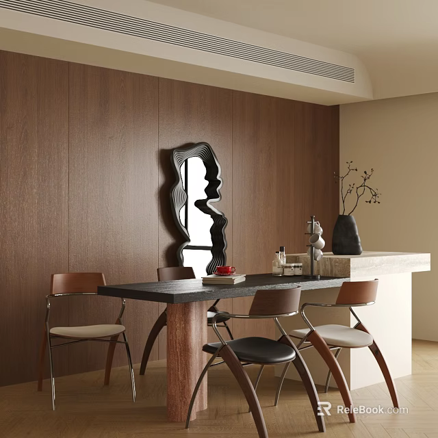 Modern Dining Table and Chairs Set with Black Irregular Mirror on Brown Wooden Wall 3d model 