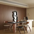 Modern Dining Table and Chairs Set with Black Irregular Mirror on Brown Wooden Wall