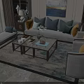 Elegant Gray Sofa Coffee Table Set With Blue Yellow Pillows On Patterned Rug 3d model