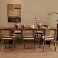 Natural Wooden Dining Table Set With Rattan Back Chairs And Tabletop Decorations